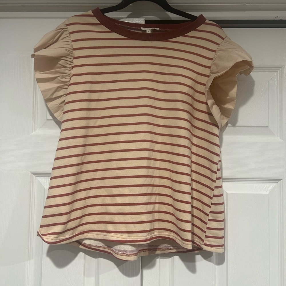 entro Cream and Rust Striped Puff Sleeve Tee